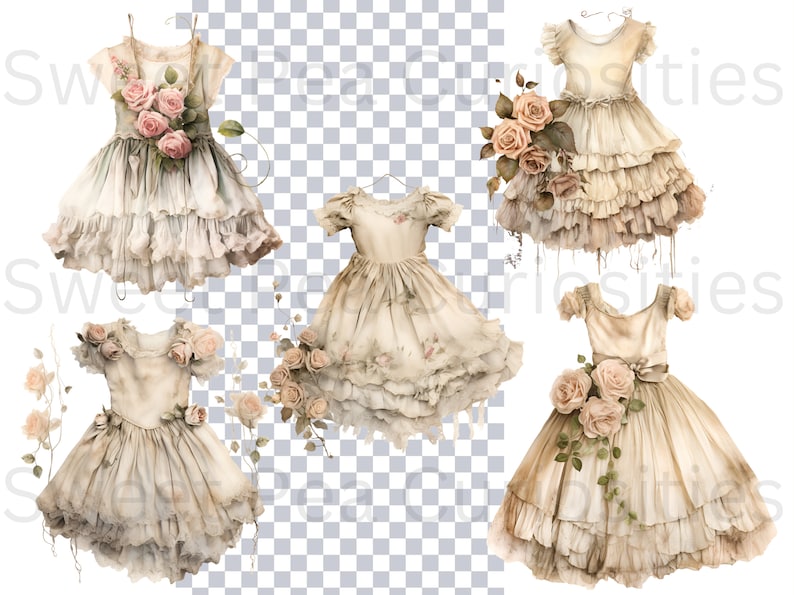 May include: Five vintage-style white dresses with lace trim and floral embellishments. Each dress has a different floral design and is adorned with delicate roses.