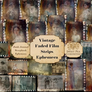 Puede incluir: Una colección de tiras de película vintage con retratos y escenas grupales en blanco y negro desvanecidos. El centro muestra el texto Vintage Faded Film Strips Ephemera, Junk Journal Scrapbook Ephemera y Sweet Pea Curiosities.