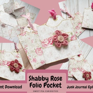 Junk Journal Kit, Shabby, Rose, Folio, Tasche, geladener Umschlag, druckbar, Ephemera, Portfolio, Papier, Einlage, Scrapbook, Download, Pack