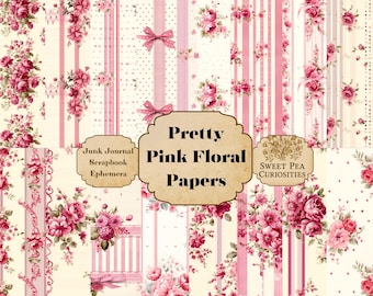 Roze bloemenpapierset, afdrukbaar papier, digitaal junkjournaal, bloemen, junkjournal, Junk Journal Kit, Junk Journal Papers, digitaal