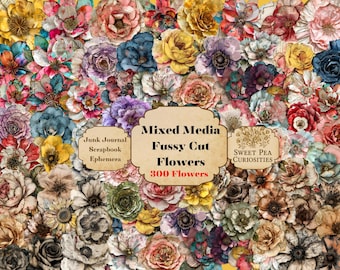 Mixed Media, Flowers, Junk Journal, Vintage, Printable, Digital Download, Junk Journal kit, Collage, Scrapbook, Pack, Ephemera, kit