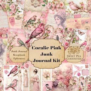 Coralie Pink, Junk Journal Kit, Digital, Download, Printable, Junk Journal, Collage, Scrapbook, Ephemera, Paper, File Folders, Pockets, Tags