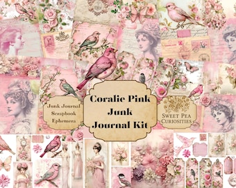 Coralie Pink, Junk Journal Kit, Digital, Download, Printable, Junk Journal, Collage, Scrapbook, Ephemera, Paper, File Folders, Pockets, Tags