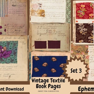 May include: Vintage textile book pages featuring a range of patterns and colours, including floral, striped, and polka dot. The pages are labelled "Set 3" and "Ephemera".