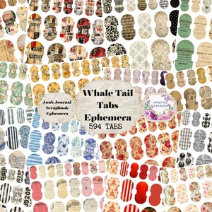 May include: A digital download of 594 printable whale tail tabs in various patterns and designs. The tabs are perfect for junk journals, scrapbooks, and other paper crafts. The designs include floral patterns, stripes, polka dots, and more.
