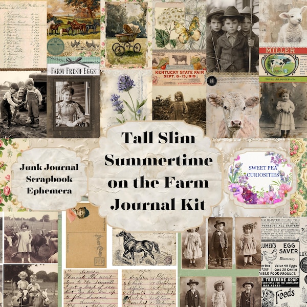 Summertime Farm, Tall Slim, Junk Journal Kit, Digital, Download, Printable, Junk Journal, Collage, Scrapbook, Ephemera, Paper, Pockets, Tags