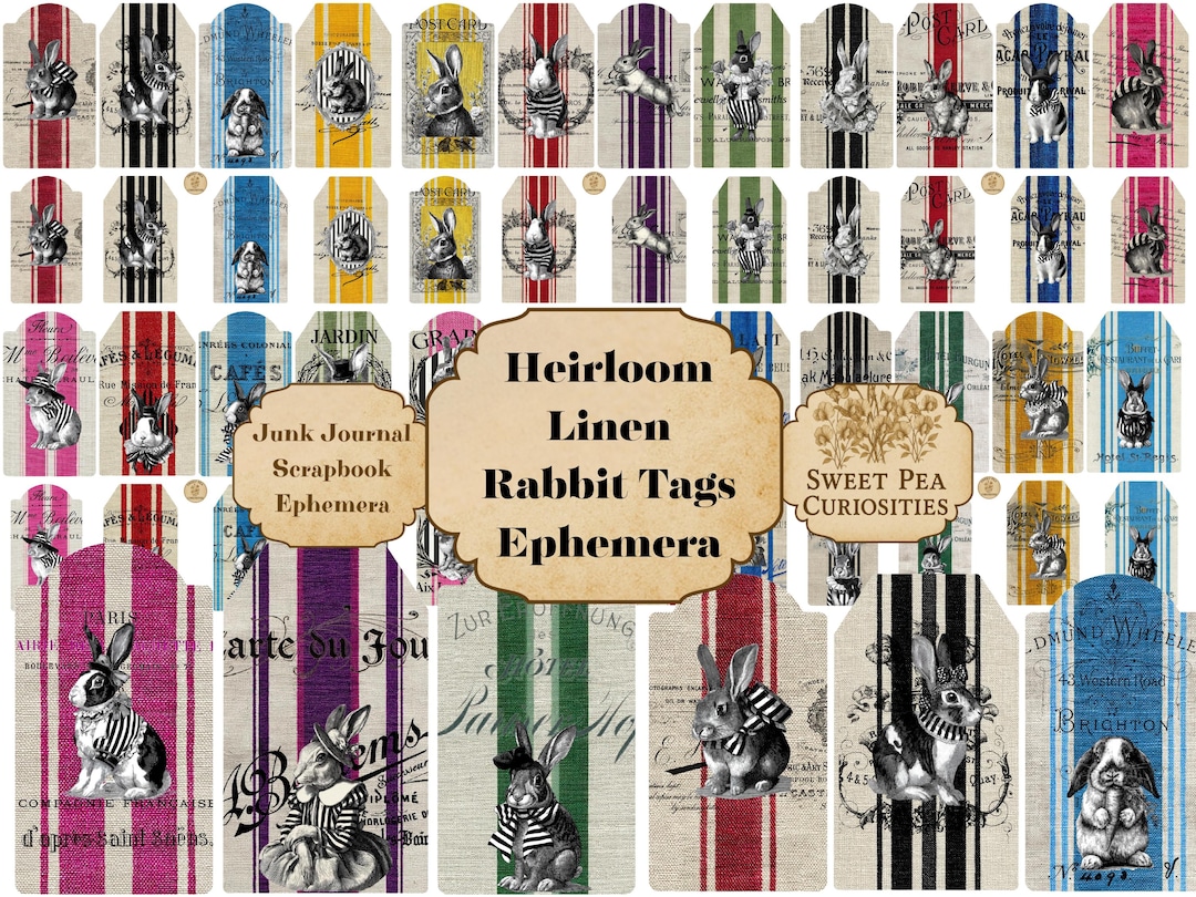 Joj Rabbit Stamps Heirloom Rabbit, Linen Tags , Junk Journal Kit, Digital, Download ...