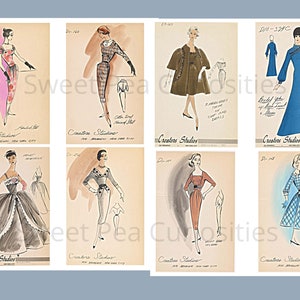 May include: A collection of eight vintage fashion sketches featuring women's clothing designs. The sketches are drawn in black ink and watercolor on paper. The designs include a variety of styles, from simple dresses to more elaborate gowns. The sketches are labeled with numbers and the name "Creatore Studios".