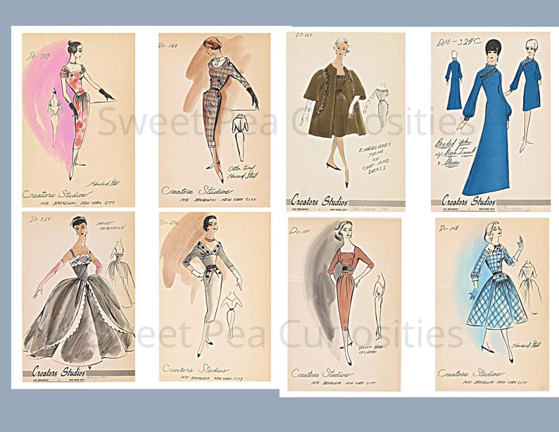 May include: A collection of eight vintage fashion sketches featuring women's clothing designs. The sketches are drawn in black ink and watercolor on paper. The designs include a variety of styles, from simple dresses to more elaborate gowns. The sketches are labeled with numbers and the name "Creatore Studios".