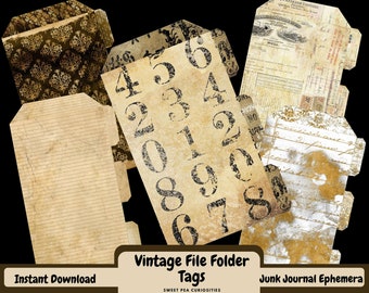 Carpeta de archivos, etiquetas, digital, descarga, imprimible, diario basura, vintage, papel, materiales para diario basura, álbum de recortes, efímera, manualidades en papel, kit