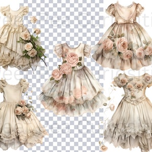 May include: Four vintage-style white dresses with lace trim and floral accents. The dresses have a faded, antique look and are decorated with delicate pink roses.