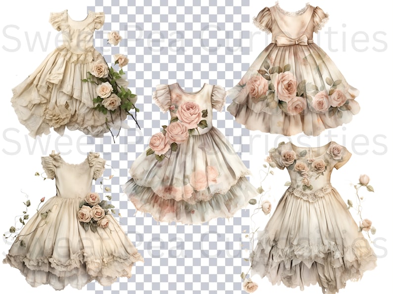 May include: Four vintage-style white dresses with lace trim and floral accents. The dresses have a faded, antique look and are decorated with delicate pink roses.