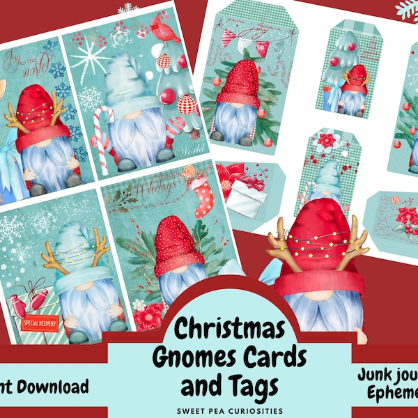 Christmas Gnomes, Journal Cards, Pocket Tags, Junk journal, collage, scrapbook, junk journal kit, digital, download, christmas cards, tags