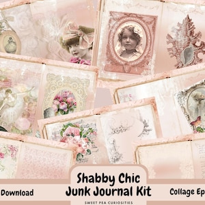 Shabby Chic, Rosa ruborizado, Kit para diario basura, Digital, Descarga, Imprimible, Efímera, Collage, Álbum de recortes, Suministros para diario basura, Rosa, Vintage