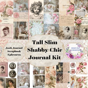Shabby Chic, Tall Slim, Junk Journal Kit, Digitaal, Download, Afdrukbare, Junk Journal, Collage, Plakboek, Ephemera, Papier, Zakken, Tags