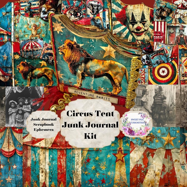 Circus, Junk Journal Kit, Digitaal, Download, Afdrukbaar, Junk Journal, Collage, Plakboek, Efemere, Papier, Zakken, Tags, Grunge