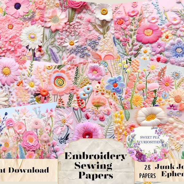 Junk Journal, Embroidery, Sewing Material, Fabric, Slow Stitch, Lace, Printable, Download, Digital, Shabby Chic, Ephemera, Embellishments