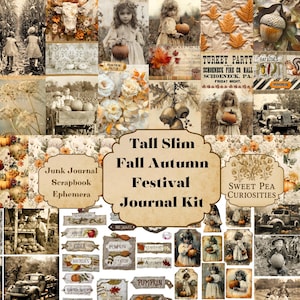 Fall Autumn Harvest, Tall Slim, Junk Journal Kit, Digital, Download, Printable, Junk Journal, Collage, Scrapbook, Ephemera, Paper, Pockets