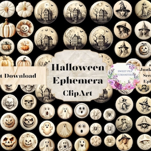 May include: A set of 36 Halloween themed digital clipart images. The images include pumpkins, ghosts, witches, skulls, and houses. The images are in a vintage style and are perfect for scrapbooking, card making, and other crafting projects.