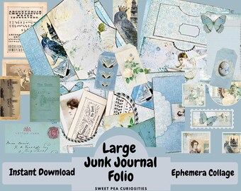 Large Junk Journal Folio, Shabby Chic, Blue, Junk Journal, Digital Download, Printable, Junk Journal Kit, Junk Journal Supplies, ephemera,