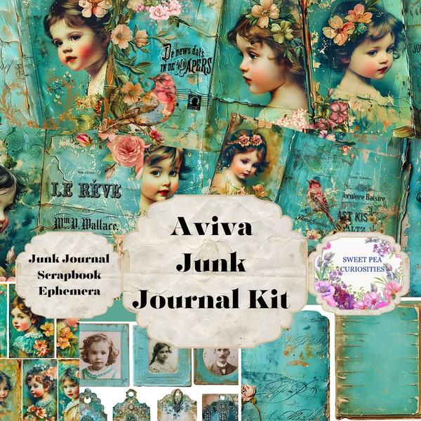 Aviva, Junk Journal Kit, Digital, Download, Printable, Junk Journal, Collage, Scrapbook, Ephemera, Paper,  Pockets, Tags, grunge, Shabbychic