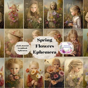 Frühling, Blumen, Mädchen, Karten, Junk Journal Kit, Digital, Download, bedruckbar, Junk Journal, Collage, Scrapbook, Ephemera