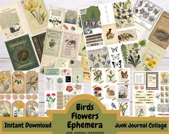 Bird Junk Journal, Botanical, Flower print, Junk Journal, Mixed media, Downloads, Ephemera, Ephemera Pack, Vintage Ephemera, Scrapbook