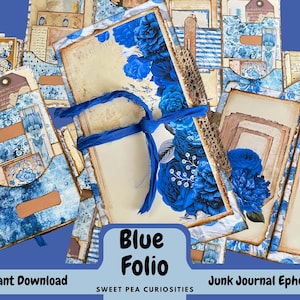 Blue Folio, Digital, Download, Printable, Junk Journal, Ephemera, Mixed Media, Junk Journal Supplies, Scrapbook, journal, Vintage, paper