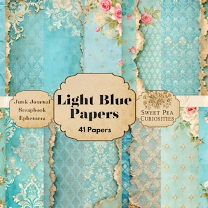 Light Blue, Shabby Chic, Papers, Digital, Download, Printable, Junk Journal, Collage, Scrapbook, Ephemera, Pockets, Journal