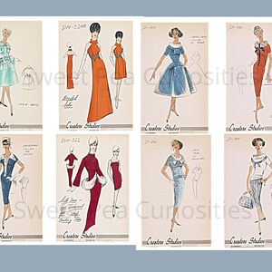May include: Eight vintage fashion illustrations of women's clothing designs. The illustrations are in black and white with color accents. The designs include a blue coat, a red dress, a blue dress, a white dress, a blue dress, a red dress, a blue dress, and a white dress.