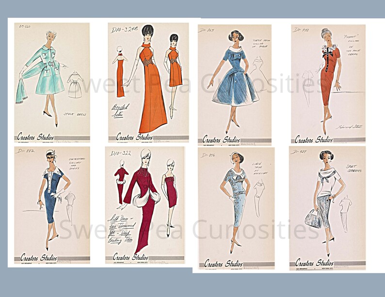 May include: Eight vintage fashion illustrations of women's clothing designs. The illustrations are in black and white with color accents. The designs include a blue coat, a red dress, a blue dress, a white dress, a blue dress, a red dress, a blue dress, and a white dress.