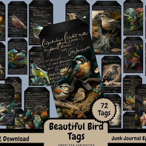 Vögel, Papier, Digital, Download, Druckversion, Tags, Junk Journal , Zubehör, Collage, Scrapbook, Mixed Media, Edith Holden, Vintage, Blumen,