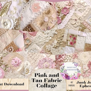 Matériel de couture, rose et beige, tissu, point lent, broderie, dentelle, imprimable, téléchargement, numérique, journal indésirable, shabby chic, éphémère