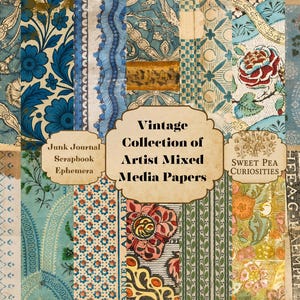 Puede incluir: Una colección de papeles mixtos vintage para artistas con varios patrones y colores. Los papeles incluyen diseños florales, paisley y geométricos en tonos azules, verdes y rojos. El texto de la imagen dice "Vintage Collection of Artist Mixed Media Papers."
