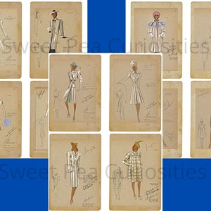Pu&ograve; includere: Una collezione di 10 illustrazioni di moda vintage che ritraggono donne con diversi stili di cappotti e cappelli. Le illustrazioni sono disegnate a matita e inchiostro su carta invecchiata.