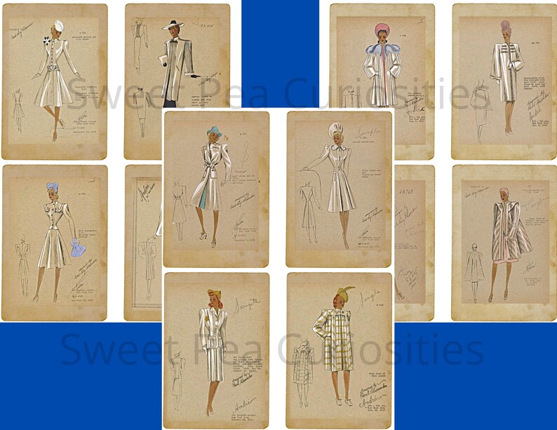 Pu&ograve; includere: Una collezione di 10 illustrazioni di moda vintage che ritraggono donne con diversi stili di cappotti e cappelli. Le illustrazioni sono disegnate a matita e inchiostro su carta invecchiata.