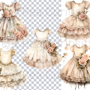 May include: Four vintage-style, white, lace, and tulle dresses with floral embellishments. The dresses have ruffled layers and are decorated with pink roses.