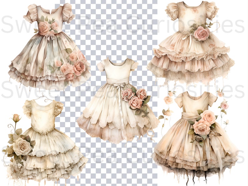 May include: Four vintage-style, white, lace, and tulle dresses with floral embellishments. The dresses have ruffled layers and are decorated with pink roses.
