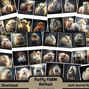 Fluffy Farm Animals, Digital, Download, Printable, Junk Journal Cards, Ephemera, Horses, Chickens, Cows, Junk journal supplies, Collage