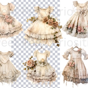 May include: Five vintage-inspired, white, ruffled dresses with floral accents. The dresses have a distressed, faded look and are decorated with delicate flowers and greenery.