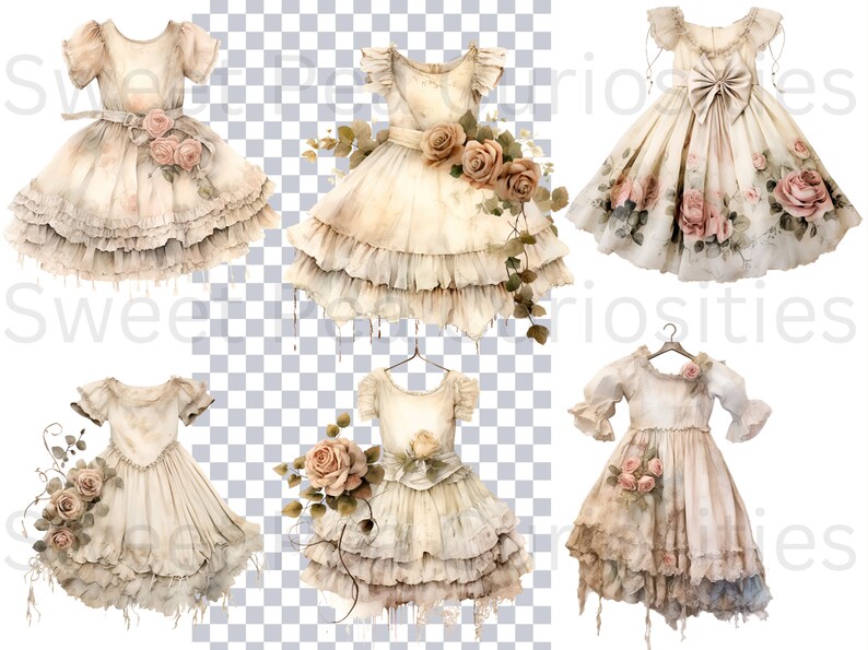 May include: Five vintage-inspired, white, ruffled dresses with floral accents. The dresses have a distressed, faded look and are decorated with delicate flowers and greenery.
