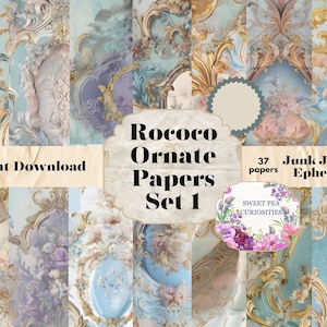 Könnte beinhalten: Ein digitales Collage-Blatt mit 37 druckbaren Papieren mit verzierten Rokoko-Designs in Blautönen, Gold und Weiß. Die Papiere sind perfekt für Junk Journaling, Scrapbooking und andere Papierarbeiten. Der Text "Rococo Ornate Papers Set 1" und "Junk Journal Ephemera" ist im Bild enthalten.