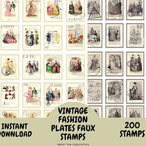 Vintage MODE BORDEN 5 Pagina Faux POSTZEGELS, Shabby Chic, Ephemera, Vintage, Junk Journal, Digitaal, Afdrukbaar, Tickets, collage, journal kit