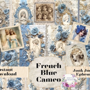 Junk Journal, French Blue Cameo, para impressão, digital, download, kit Junk Journal, colagem, álbum de recortes, vintage, pacote, coisas efêmeras, suprimentos
