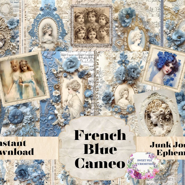 Junk Journal, French Blue Cameo, Printable, Digital, Download, Junk Journal kit, Collage, Scrapbook, Vintage, Pack, Ephemera, Supplies
