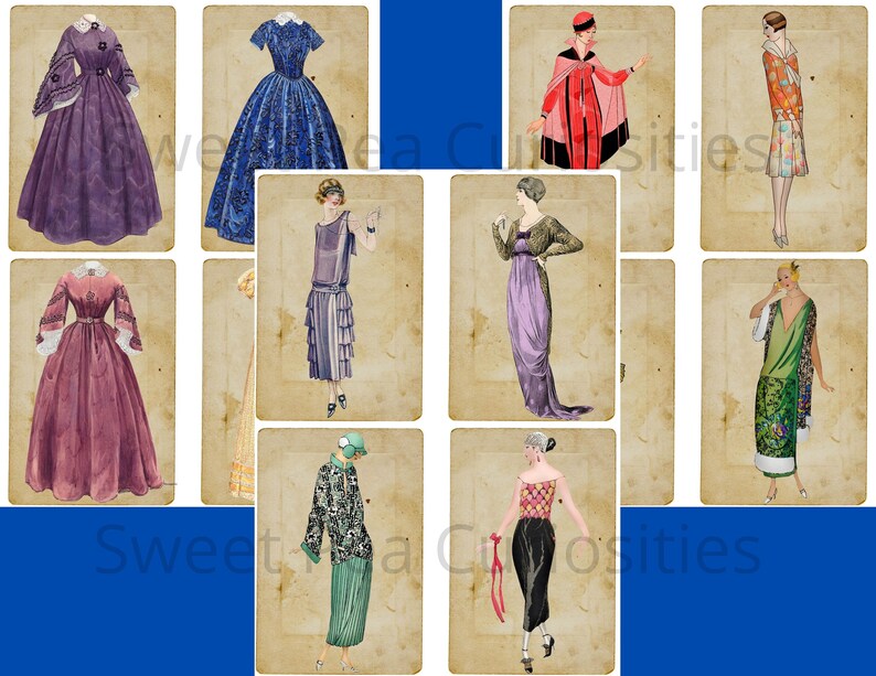 Pu&ograve; includere: Un collage di dieci illustrazioni vintage di donne che indossano diversi stili di abiti degli anni '20. Le illustrazioni sono in una variet&agrave; di colori, tra cui viola, blu, verde e rosso. Le donne sono tutte raffigurate in pose diverse, alcune in piedi, alcune sedute e alcune che camminano. Le illustrazioni sono su uno sfondo di carta beige.