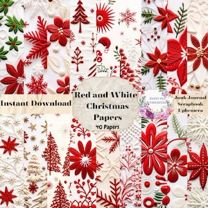 Weihnachten Printables, Junk Journal, printable, digital, Download, Junk Journal Ephemera, Collage, Scrapbook, Weihnachten, rot und weiß
