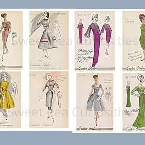 May include: A collection of eight vintage fashion sketches featuring various dress designs. The sketches are in black and white with some color accents. Each sketch includes a design number and the name "Creators Studios".