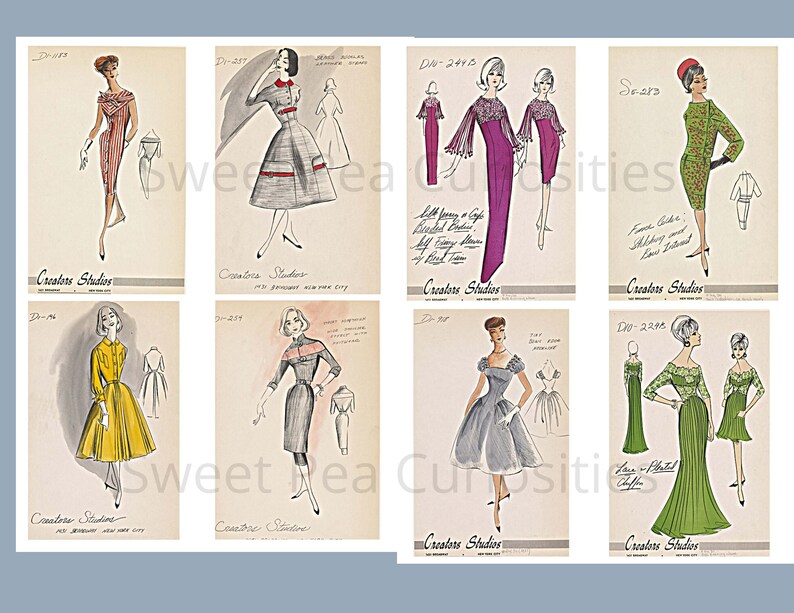 May include: A collection of eight vintage fashion sketches featuring various dress designs. The sketches are in black and white with some color accents. Each sketch includes a design number and the name "Creators Studios".