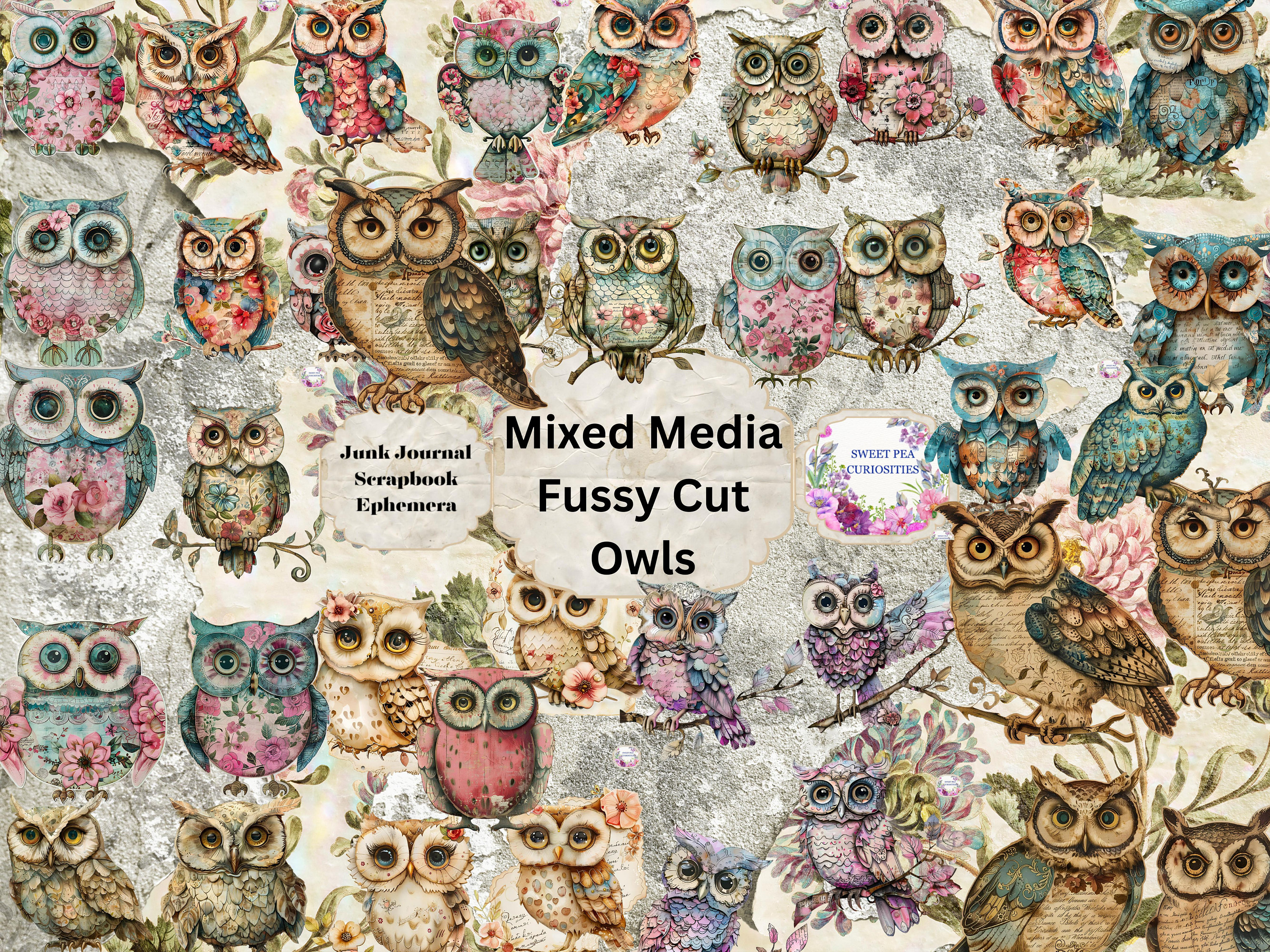 Mixed Media, Owls, Junk Journal, Vintage, Printable, Digital Download, Junk Journal kit, Collage, Sc